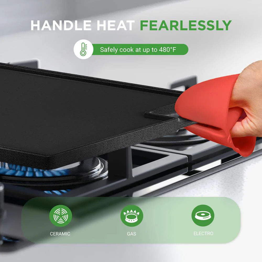 Reversible Cast Iron Grill Pan, Even Heat, 18" Flat & Ridged, Includes Mitt - Image 4