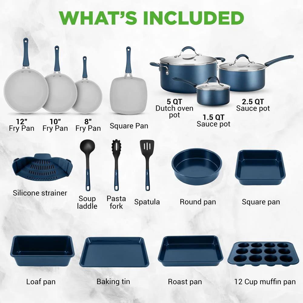 20 Pc Kitchen Set - Even Cooking Non-Stick Coating, Navy Blue - Image 6