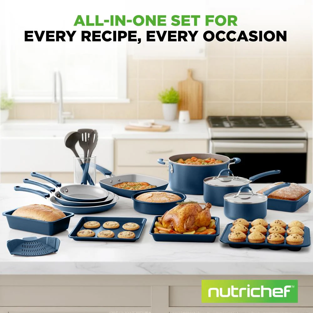 20 Pc Kitchen Set - Even Cooking Non-Stick Coating, Navy Blue - Image 7