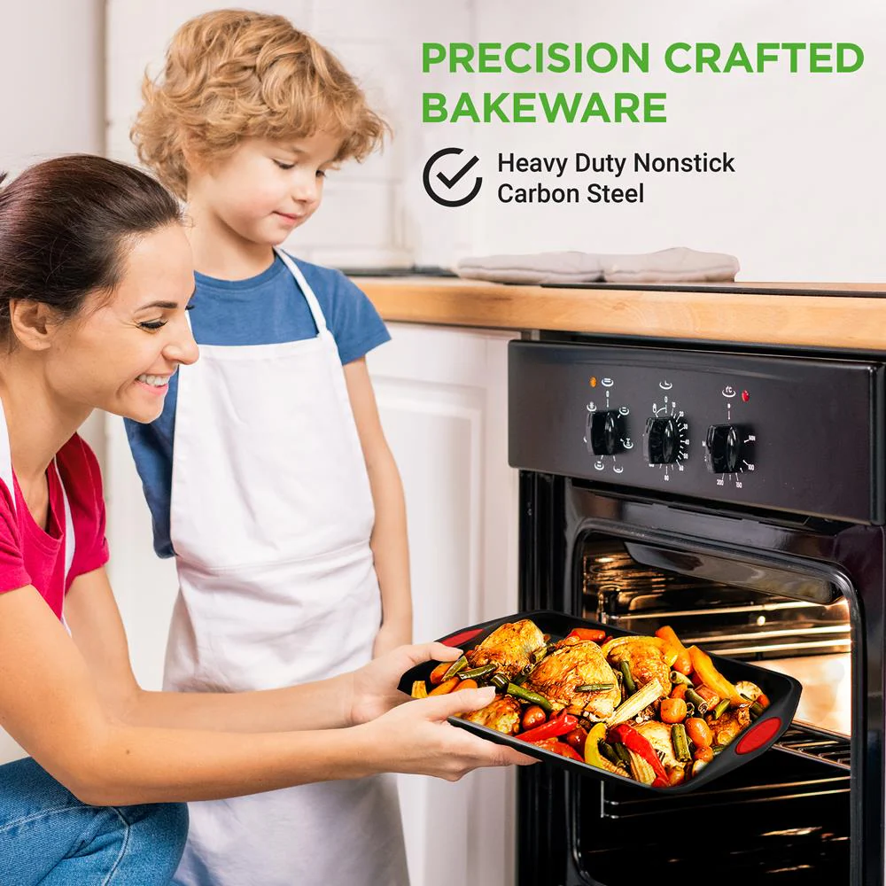 3-Piece Nonstick Baking Pan Set - Easy Clean Carbon Steel 0.6mm, Red Handles - Image 6
