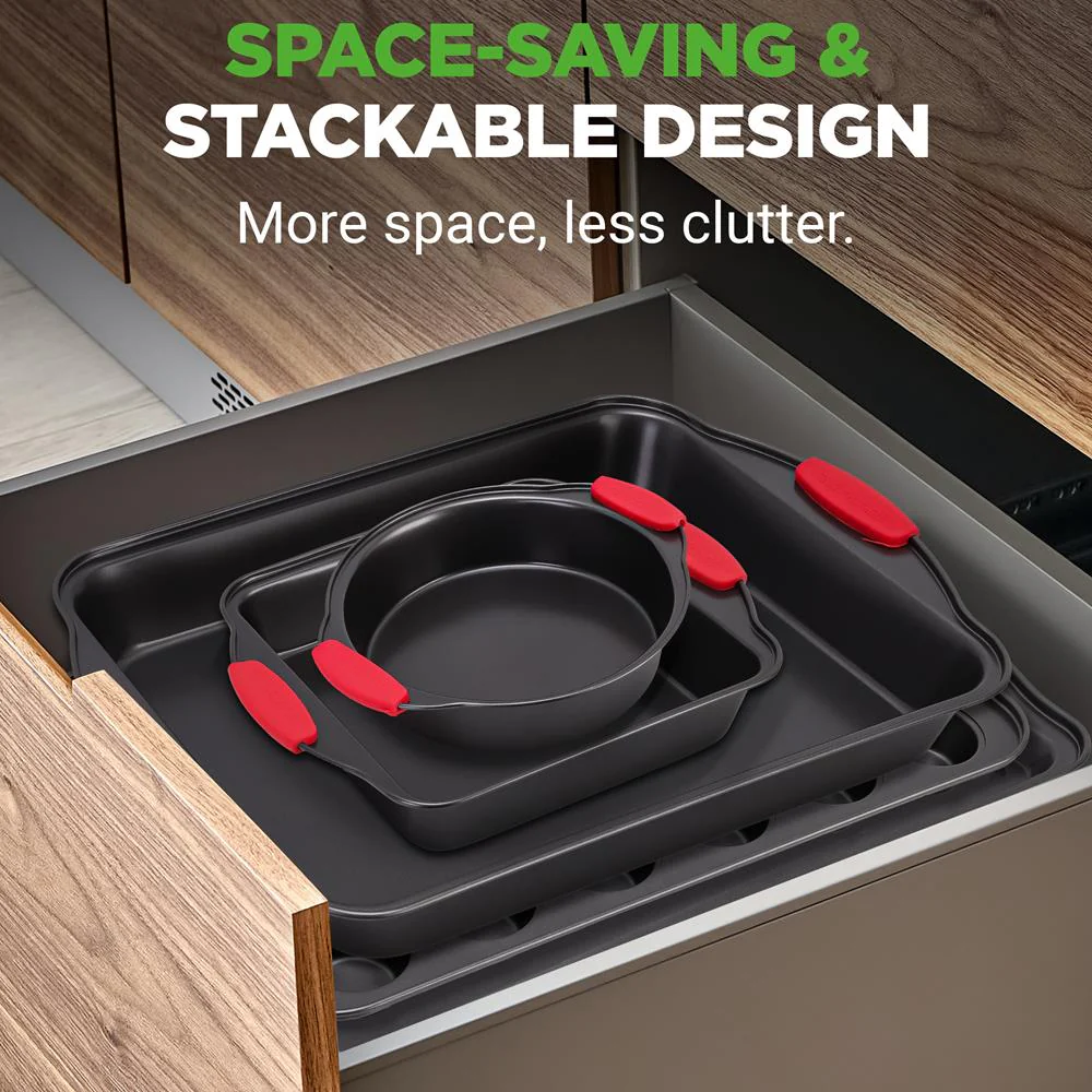 10-Piece Nonstick Bakeware Set, Easy Clean Carbon Steel, Red Handles - Image 3