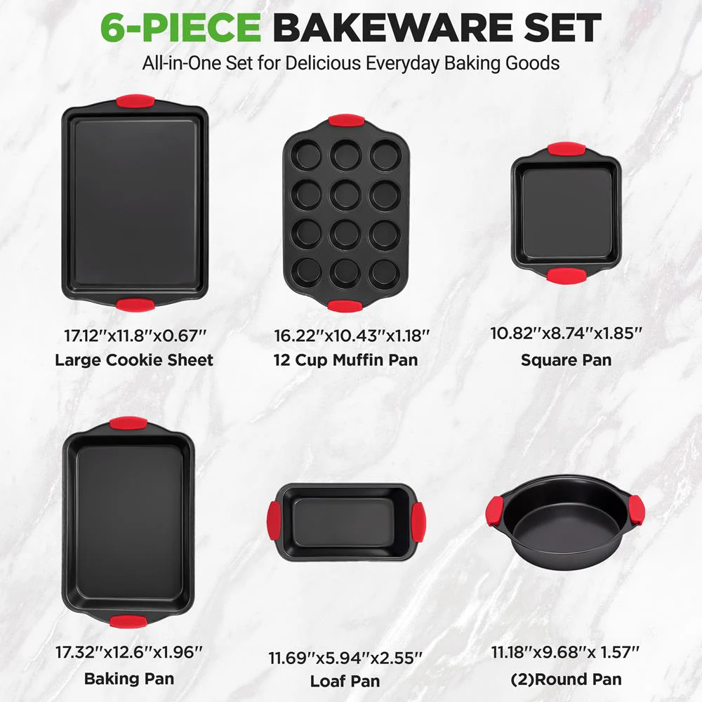6-Piece Nonstick Bakeware Set, Carbon Steel, Red Silicone Handles - Image 4