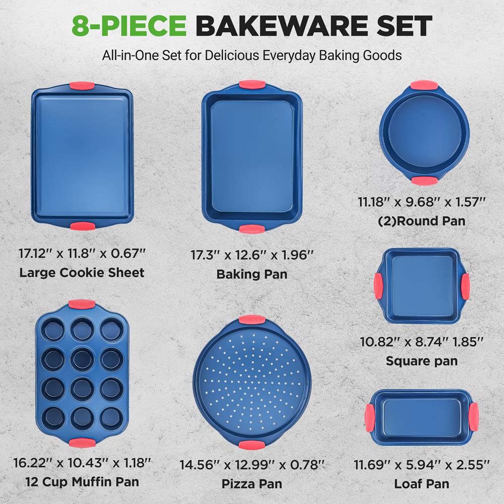 8-Piece Nonstick Bakeware Set, Carbon Steel, Silicone Handles, Blue - Image 4