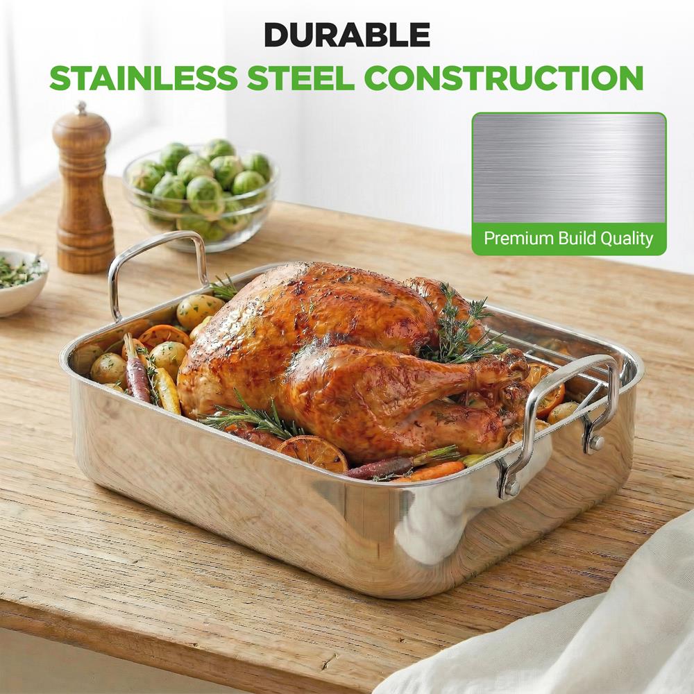 14" Stainless Steel Roasting Pan, Warp Resistant, Polished Rack - Image 3