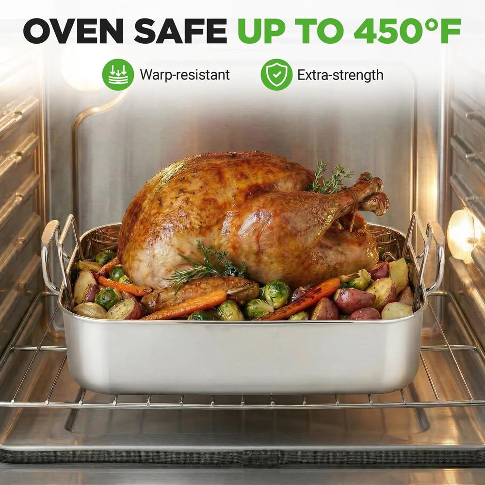 14" Stainless Steel Roasting Pan, Warp Resistant, Polished Rack - Image 4