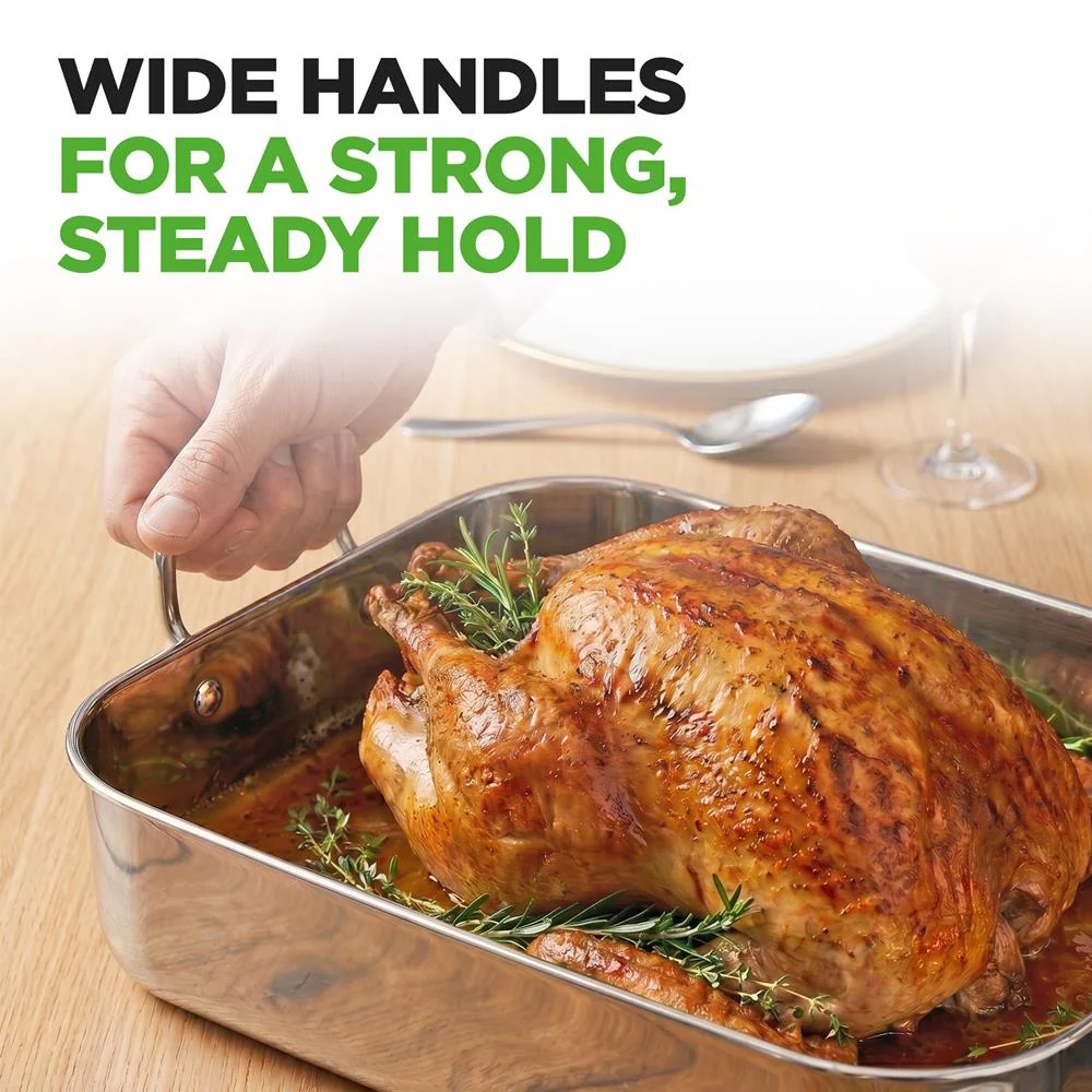 14" Stainless Steel Roasting Pan, Warp Resistant, Polished Rack - Image 6