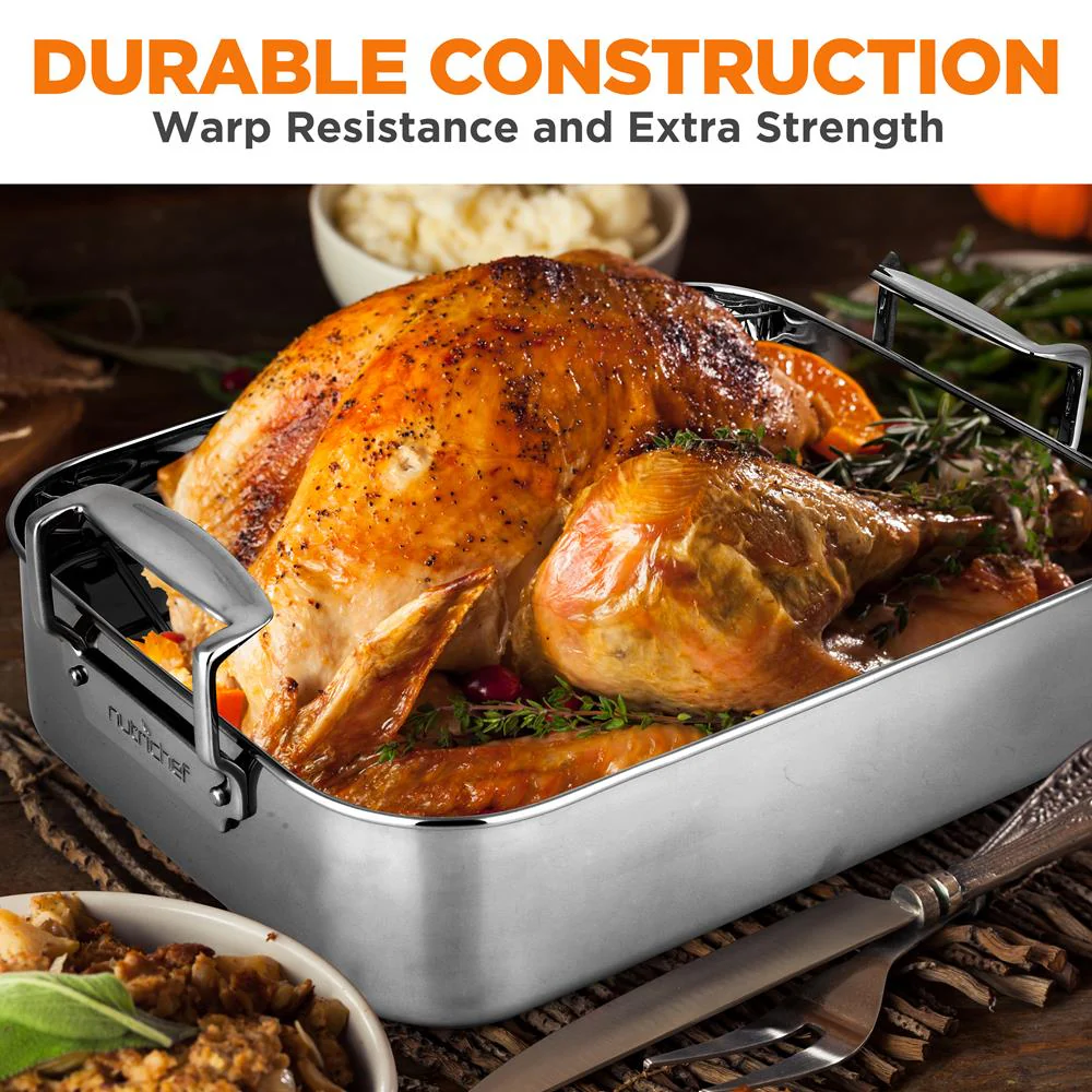 14" Stainless Steel Roasting Pan with Rack, Oven Safe, Easy Clean - Image 4
